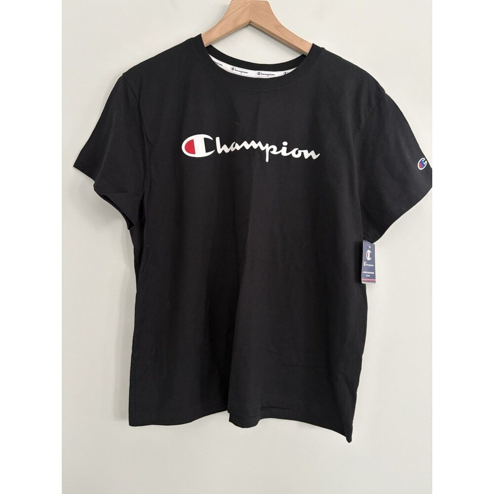 Champion T-shirt Womens XL Black Tee White Script Logo Short Sleeve New